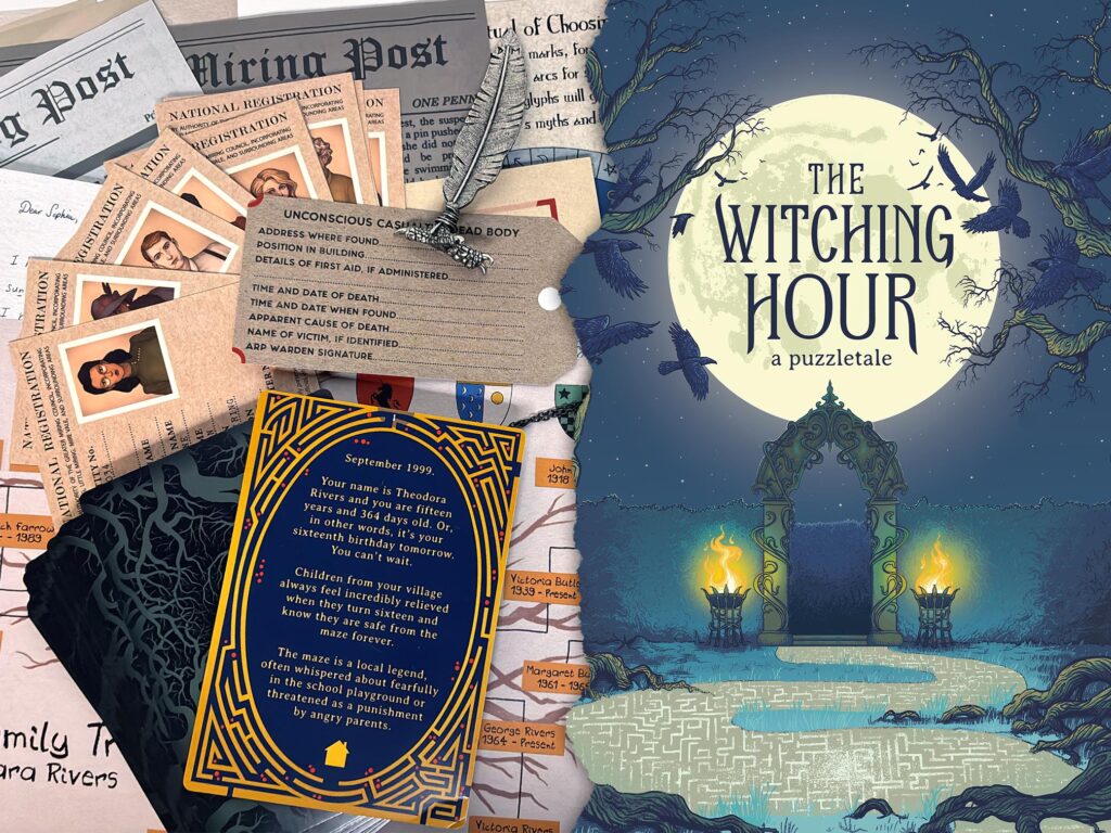 The collage shows game materials and the cover artwork from PostCurious’ “The Witching Hour”.